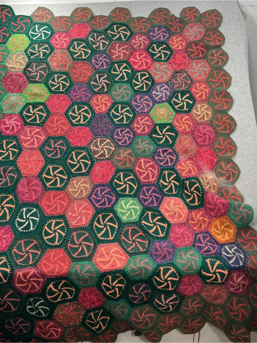 Handmade Multicolor Hexagon Crochet Throw - Green & Pink Accents candy swirl